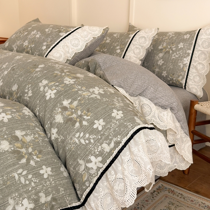 91家纺网 家纺一手货源 找家纺 （总）芯贝儿 2025秋冬新款加厚全m花边m麻复古风亚麻皱皱双层纱水洗m四件套