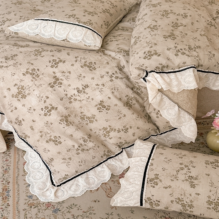 91家纺网 家纺一手货源 找家纺 （总）芯贝儿 2025秋冬新款加厚全m花边m麻复古风亚麻皱皱双层纱水洗m四件套