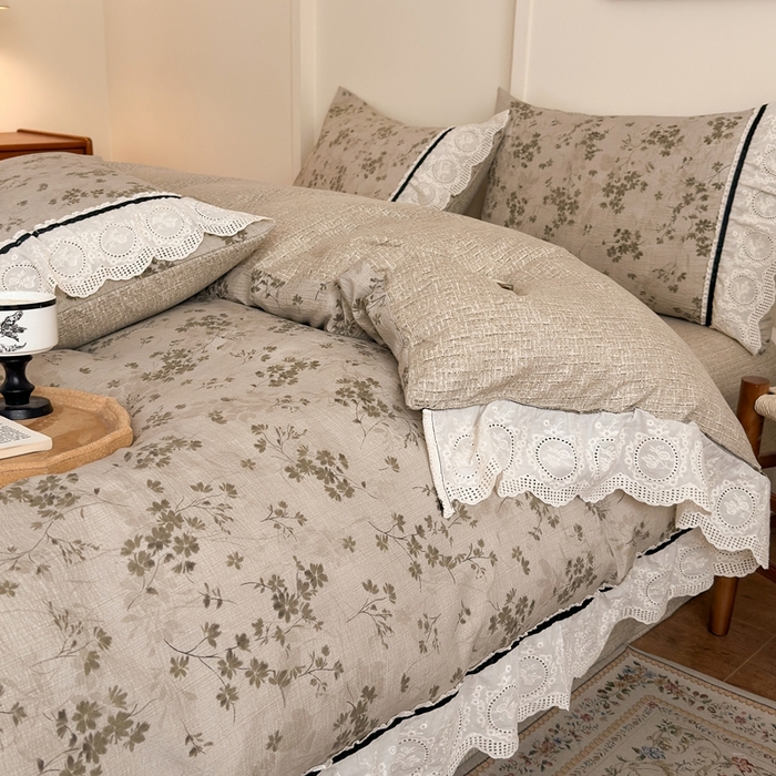 91家纺网 家纺一手货源 找家纺 （总）芯贝儿 2025秋冬新款加厚全m花边m麻复古风亚麻皱皱双层纱水洗m四件套