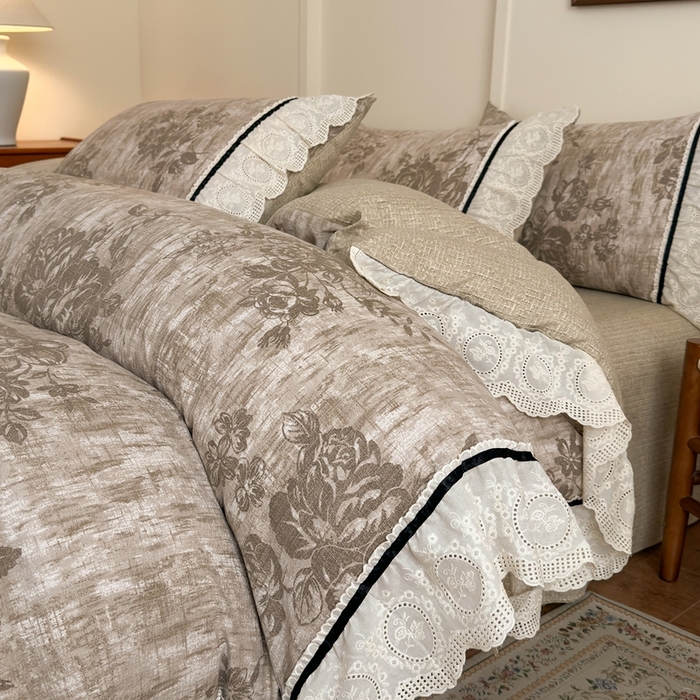 91家纺网 家纺一手货源 找家纺 （总）芯贝儿 2025秋冬新款加厚全m花边m麻复古风亚麻皱皱双层纱水洗m四件套