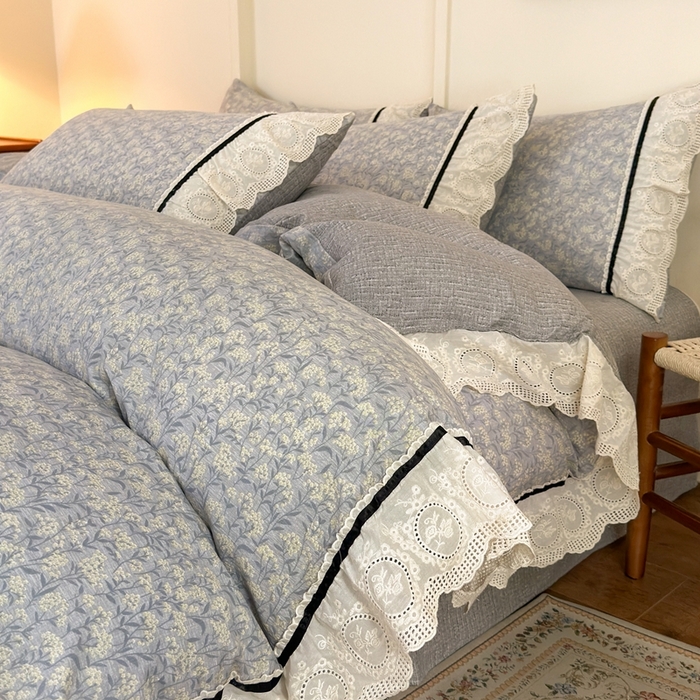 91家纺网 家纺一手货源 找家纺 （总）芯贝儿 2025秋冬新款加厚全m花边m麻复古风亚麻皱皱双层纱水洗m四件套