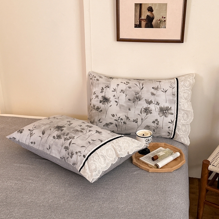 91家纺网 家纺一手货源 找家纺 芯贝儿 2025秋冬新款加厚全m花边m麻复古风亚麻皱皱双层纱水洗m四件套 秘境烟雨