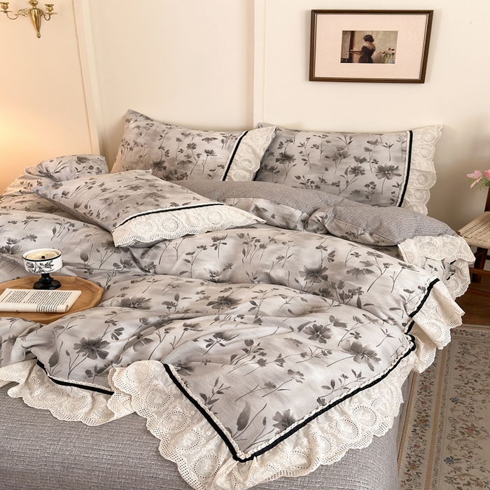 91家纺网 家纺一手货源 找家纺 芯贝儿 2025秋冬新款加厚全m花边m麻复古风亚麻皱皱双层纱水洗m四件套 秘境烟雨