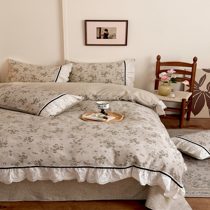 91家纺网 家纺一手货源 找家纺 芯贝儿 2025秋冬新款加厚全m花边m麻复古风亚麻皱皱双层纱水洗m四件套 秋风瑟瑟