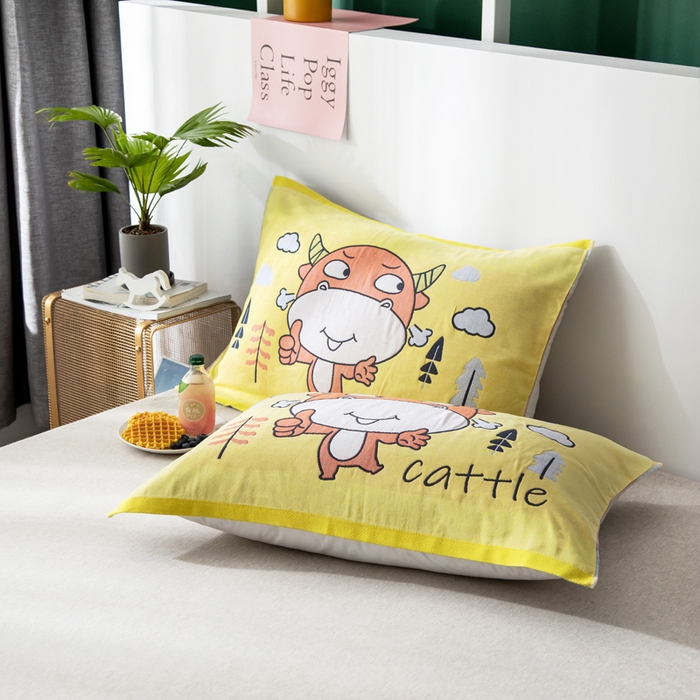 朴尔家纺-毛巾被 2025新款儿童定位卡通大版花全棉纯棉四层纱布枕巾 牛小兽 40x60cm儿童枕巾/对