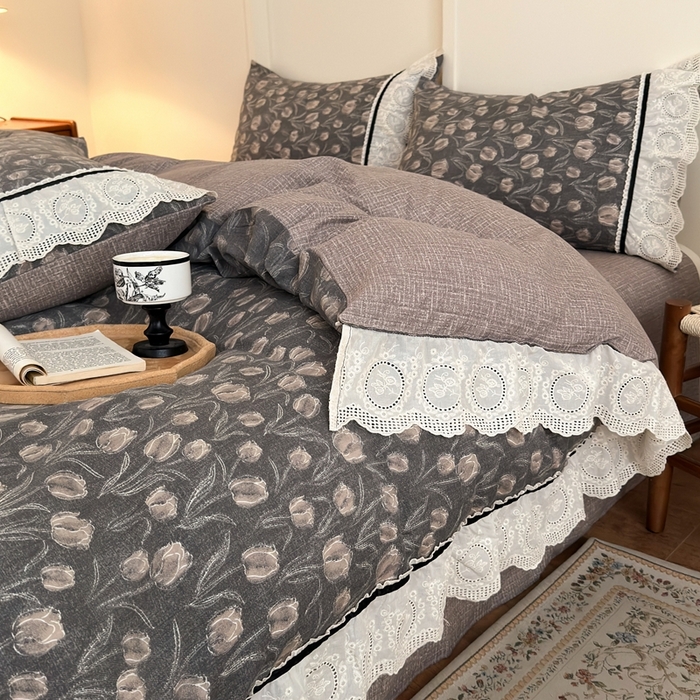 91家纺网 家纺一手货源 找家纺 芯贝儿 2025秋冬新款加厚全m花边m麻复古风亚麻皱皱双层纱水洗m四件套 浮生序梦