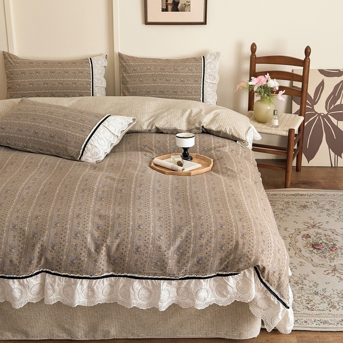 91家纺网 家纺一手货源 找家纺 芯贝儿 2025秋冬新款加厚全m花边m麻复古风亚麻皱皱双层纱水洗m四件套 半亩花田