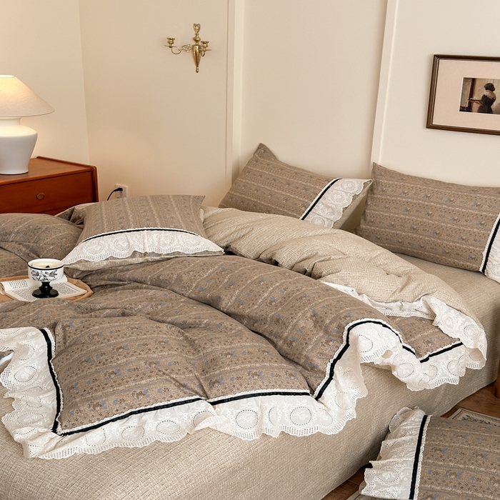 91家纺网 家纺一手货源 找家纺 芯贝儿 2025秋冬新款加厚全m花边m麻复古风亚麻皱皱双层纱水洗m四件套 半亩花田