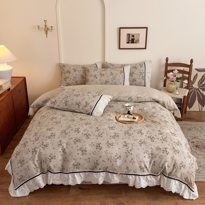 91家纺网 家纺一手货源 找家纺 芯贝儿 2025秋冬新款加厚全m花边m麻复古风亚麻皱皱双层纱水洗m四件套 秋风瑟瑟