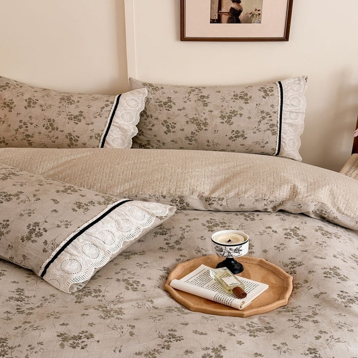 91家纺网 家纺一手货源 找家纺 芯贝儿 2025秋冬新款加厚全m花边m麻复古风亚麻皱皱双层纱水洗m四件套 秋风瑟瑟