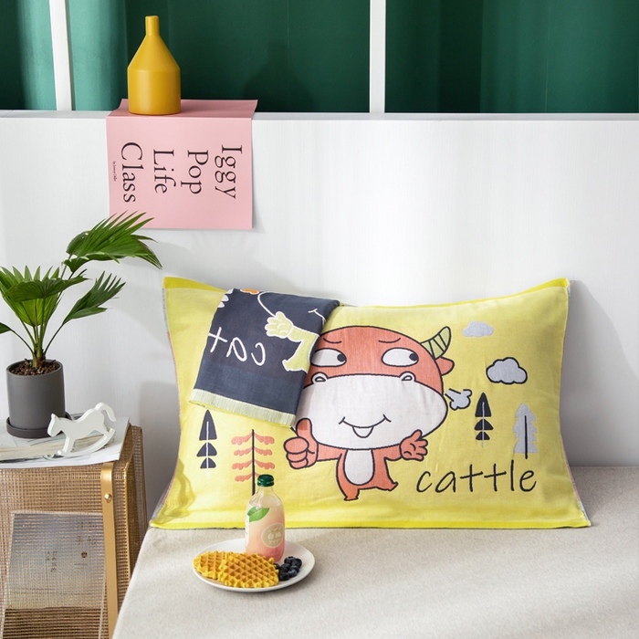 91家纺网 家纺一手货源 找家纺 朴尔家纺-毛巾被 2025新款儿童定位卡通大版花全棉纯棉四层纱布枕巾 牛小兽 40x60cm儿童枕巾/对