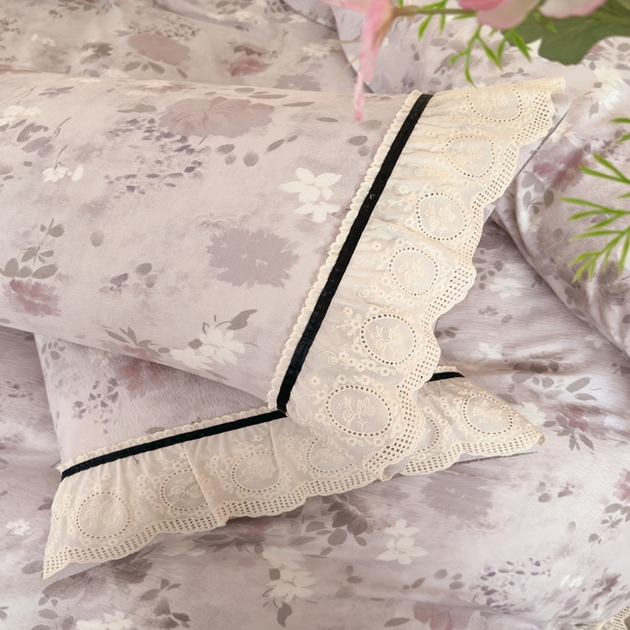 91家纺网 家纺一手货源 找家纺 芯贝儿 2025秋冬新款加厚全m花边m麻复古风亚麻皱皱双层纱水洗m四件套 粉雾仲夏