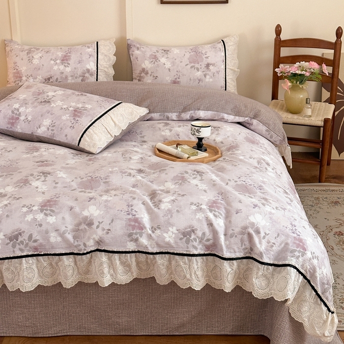 91家纺网 家纺一手货源 找家纺 芯贝儿 2025秋冬新款加厚全m花边m麻复古风亚麻皱皱双层纱水洗m四件套 粉雾仲夏