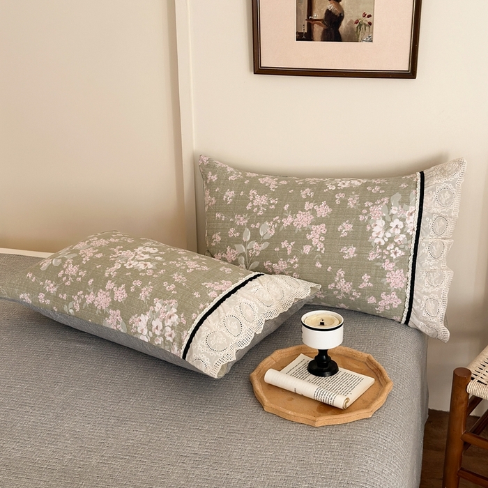 91家纺网 家纺一手货源 找家纺 芯贝儿 2025秋冬新款加厚全m花边m麻复古风亚麻皱皱双层纱水洗m四件套 云卷抒