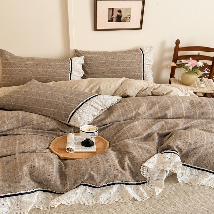 91家纺网 家纺一手货源 找家纺 芯贝儿 2025秋冬新款加厚全m花边m麻复古风亚麻皱皱双层纱水洗m四件套 半亩花田