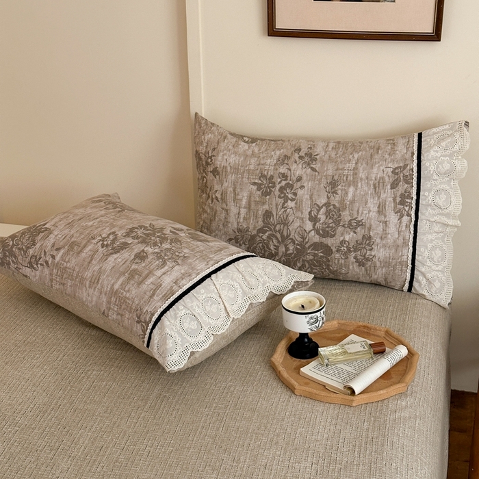 91家纺网 家纺一手货源 找家纺 芯贝儿 2025秋冬新款加厚全m花边m麻复古风亚麻皱皱双层纱水洗m四件套 秋叶流金