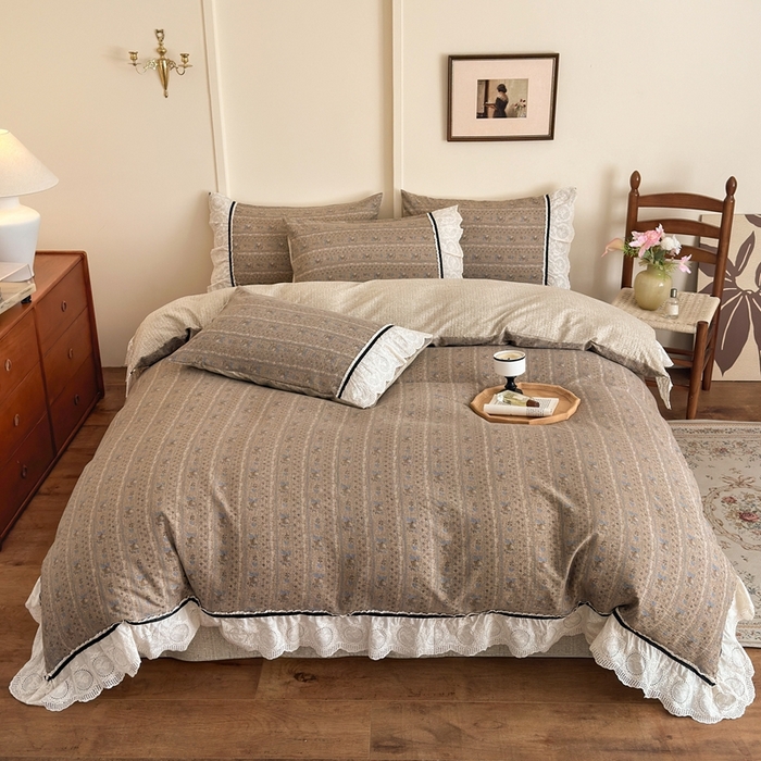 91家纺网 家纺一手货源 找家纺 芯贝儿 2025秋冬新款加厚全m花边m麻复古风亚麻皱皱双层纱水洗m四件套 半亩花田