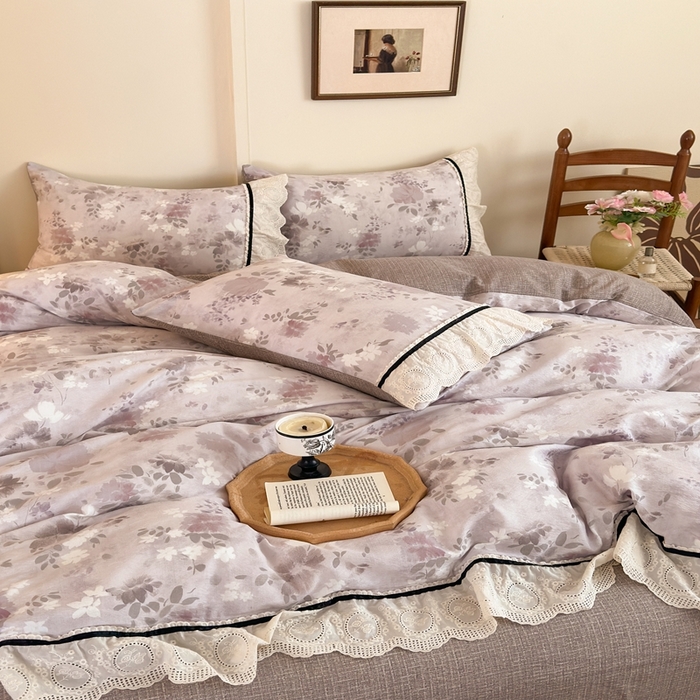 91家纺网 家纺一手货源 找家纺 芯贝儿 2025秋冬新款加厚全m花边m麻复古风亚麻皱皱双层纱水洗m四件套 粉雾仲夏