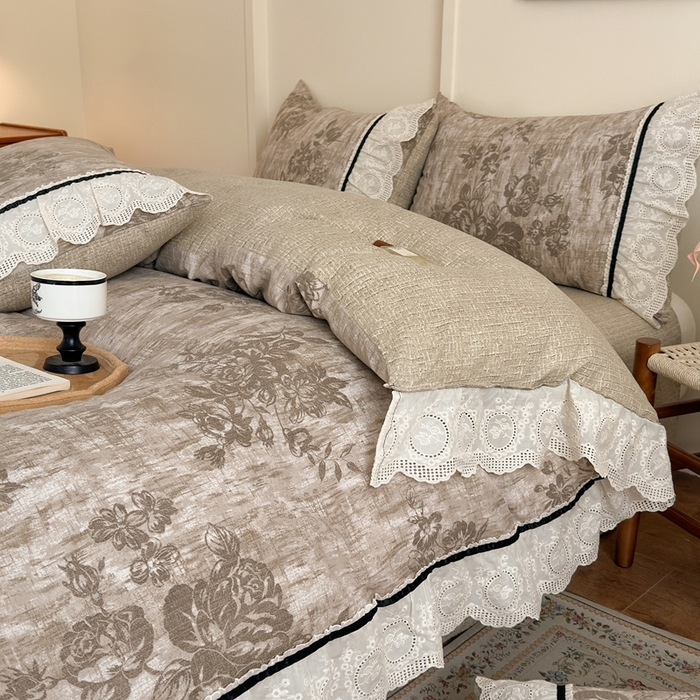 91家纺网 家纺一手货源 找家纺 芯贝儿 2025秋冬新款加厚全m花边m麻复古风亚麻皱皱双层纱水洗m四件套 秋叶流金