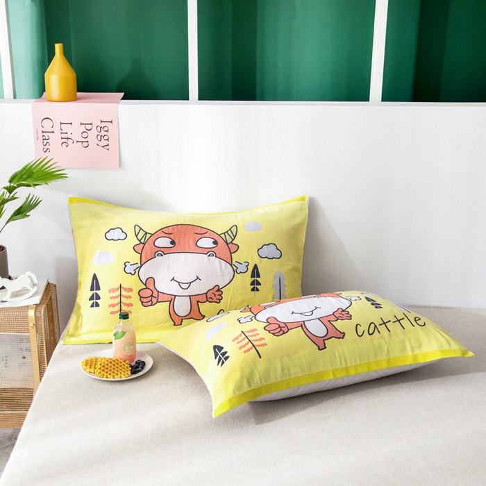 91家纺网 家纺一手货源 找家纺 朴尔家纺-毛巾被 2025新款儿童定位卡通大版花全棉纯棉四层纱布枕巾 牛小兽 40x60cm儿童枕巾/对