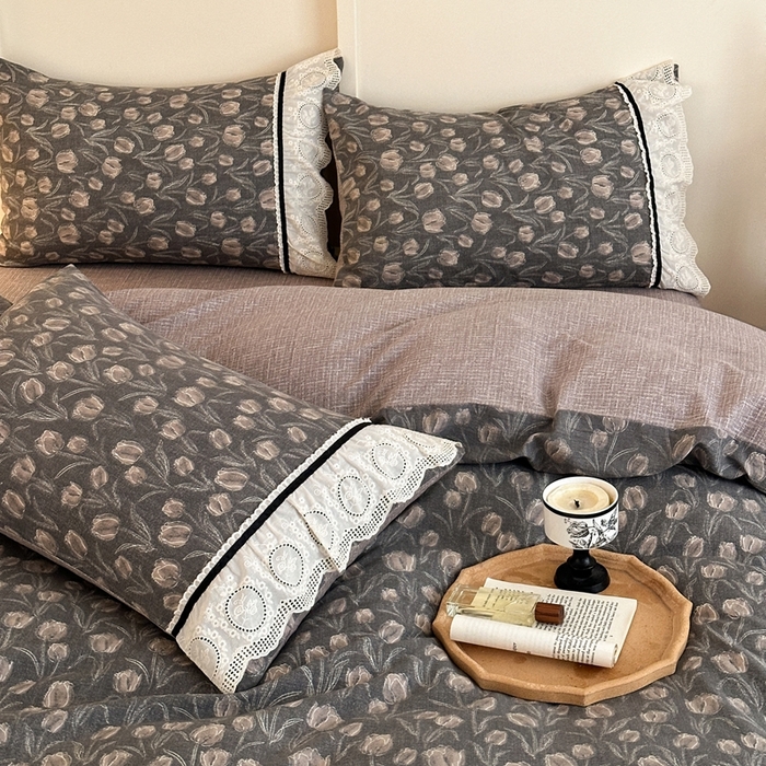 91家纺网 家纺一手货源 找家纺 芯贝儿 2025秋冬新款加厚全m花边m麻复古风亚麻皱皱双层纱水洗m四件套 浮生序梦