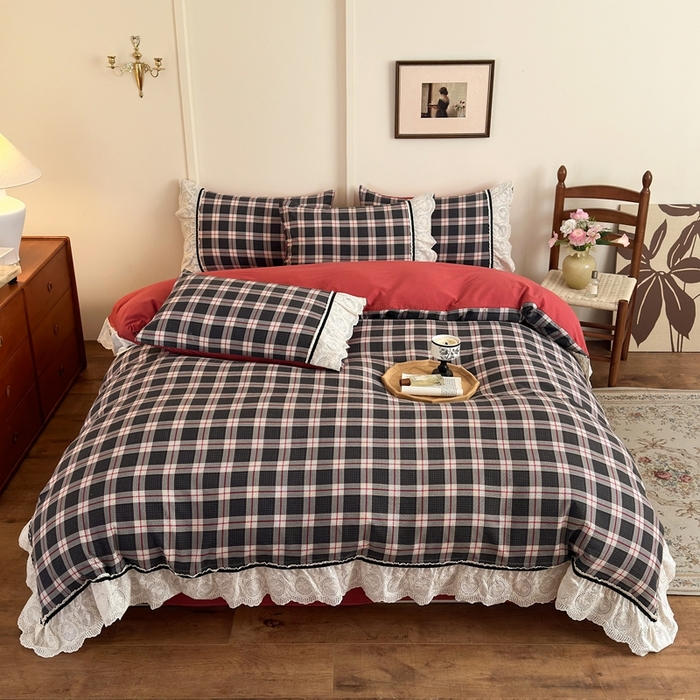 91家纺网 家纺一手货源 找家纺 芯贝儿 2025秋冬新款加厚全m花边m麻复古风亚麻皱皱双层纱水洗m四件套 布里奥