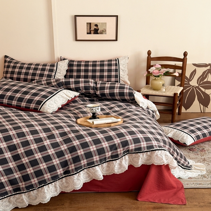 91家纺网 家纺一手货源 找家纺 芯贝儿 2025秋冬新款加厚全m花边m麻复古风亚麻皱皱双层纱水洗m四件套 布里奥