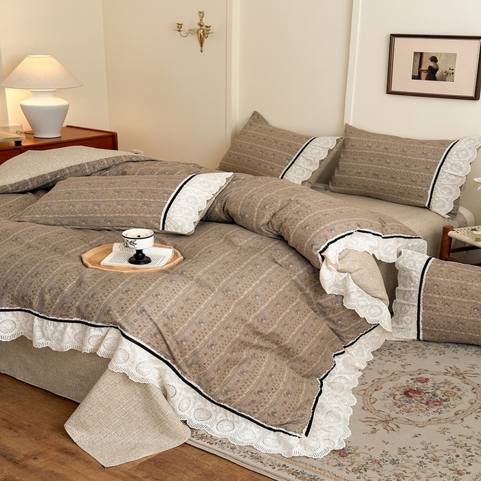 91家纺网 家纺一手货源 找家纺 芯贝儿 2025秋冬新款加厚全m花边m麻复古风亚麻皱皱双层纱水洗m四件套 半亩花田