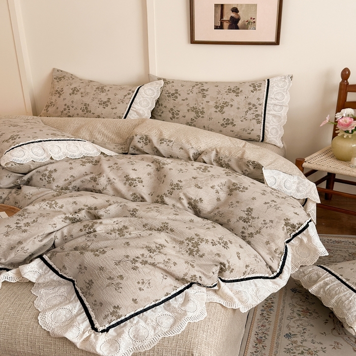 91家纺网 家纺一手货源 找家纺 芯贝儿 2025秋冬新款加厚全m花边m麻复古风亚麻皱皱双层纱水洗m四件套 秋风瑟瑟