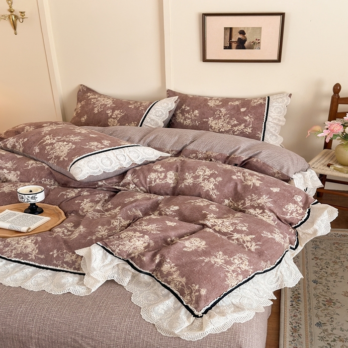 91家纺网 家纺一手货源 找家纺 芯贝儿 2025秋冬新款加厚全m花边m麻复古风亚麻皱皱双层纱水洗m四件套 月华绣影