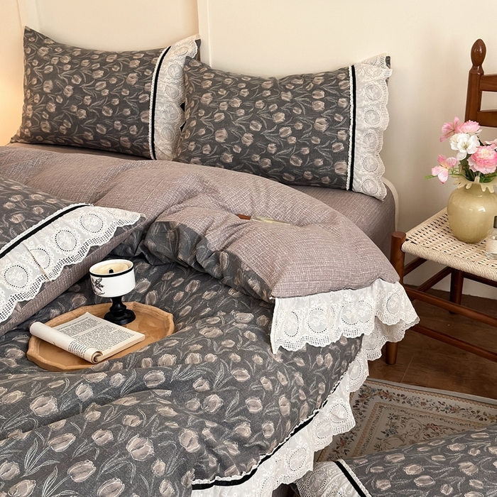 91家纺网 家纺一手货源 找家纺 芯贝儿 2025秋冬新款加厚全m花边m麻复古风亚麻皱皱双层纱水洗m四件套 浮生序梦