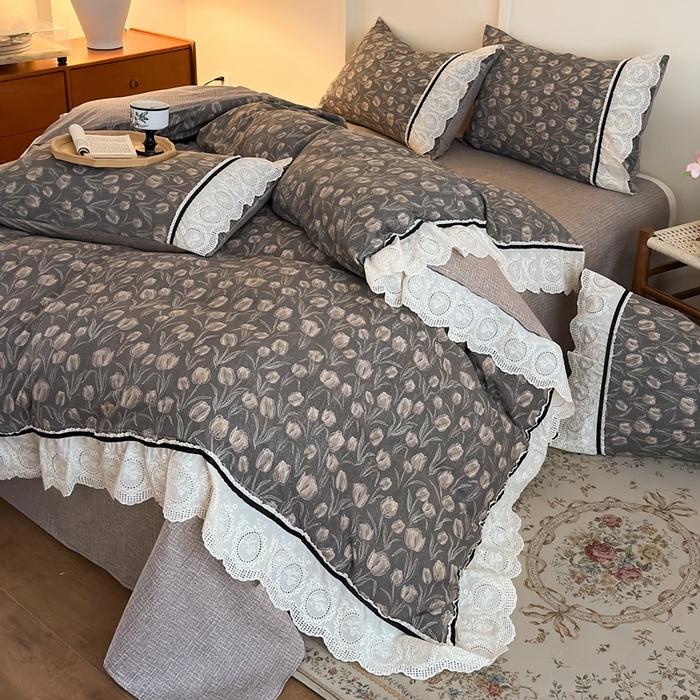 91家纺网 家纺一手货源 找家纺 芯贝儿 2025秋冬新款加厚全m花边m麻复古风亚麻皱皱双层纱水洗m四件套 浮生序梦