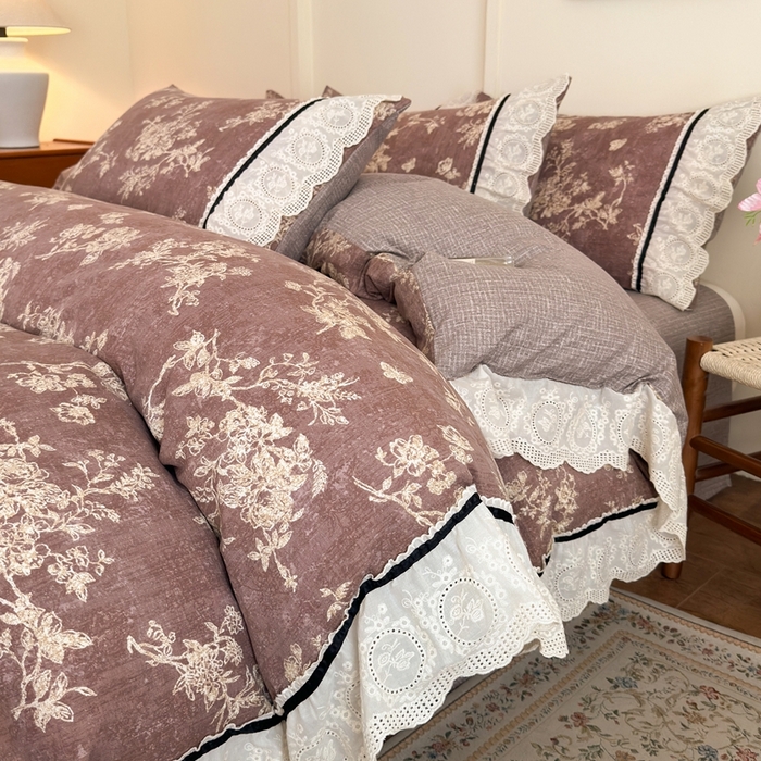 芯贝儿 2025秋冬新款加厚全m花边m麻复古风亚麻皱皱双层纱水洗m四件套 月华绣影