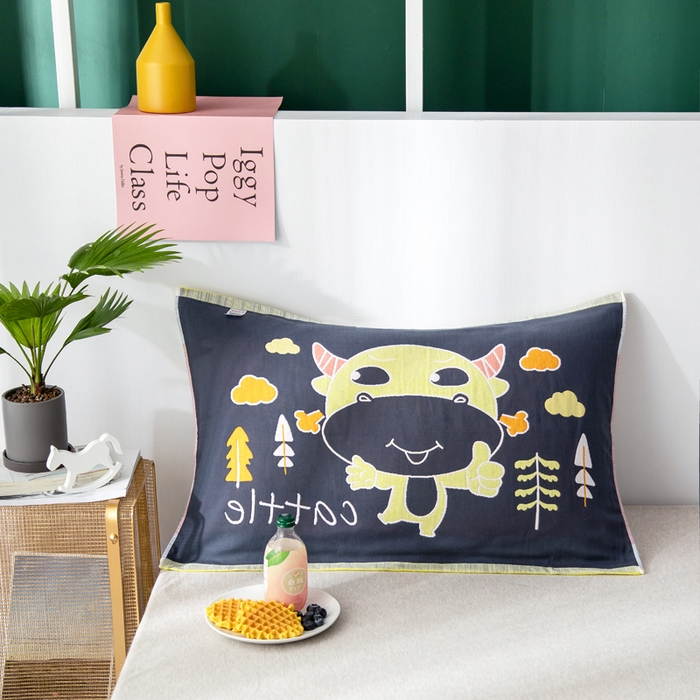 91家纺网 家纺一手货源 找家纺 朴尔家纺-毛巾被 2025新款儿童定位卡通大版花全棉纯棉四层纱布枕巾 牛小兽 40x60cm儿童枕巾/对