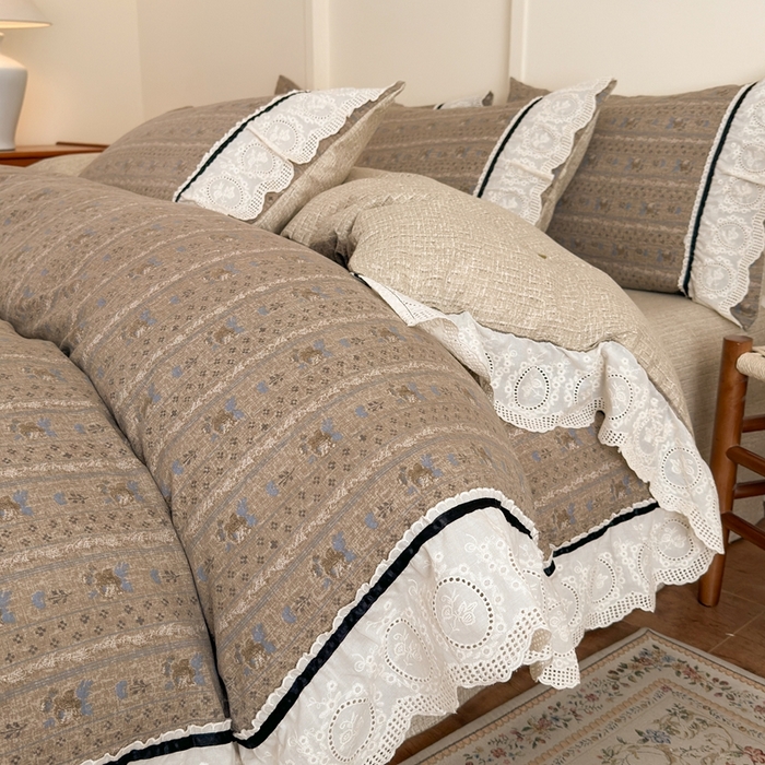 芯贝儿 2025秋冬新款加厚全m花边m麻复古风亚麻皱皱双层纱水洗m四件套 半亩花田