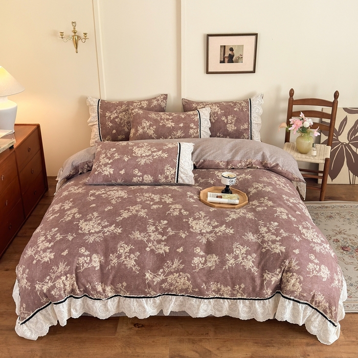 91家纺网 家纺一手货源 找家纺 芯贝儿 2025秋冬新款加厚全m花边m麻复古风亚麻皱皱双层纱水洗m四件套 月华绣影