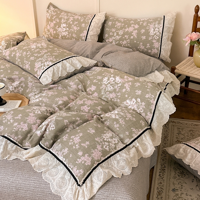 91家纺网 家纺一手货源 找家纺 芯贝儿 2025秋冬新款加厚全m花边m麻复古风亚麻皱皱双层纱水洗m四件套 云卷抒