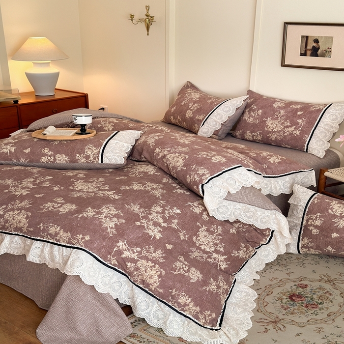 91家纺网 家纺一手货源 找家纺 芯贝儿 2025秋冬新款加厚全m花边m麻复古风亚麻皱皱双层纱水洗m四件套 月华绣影