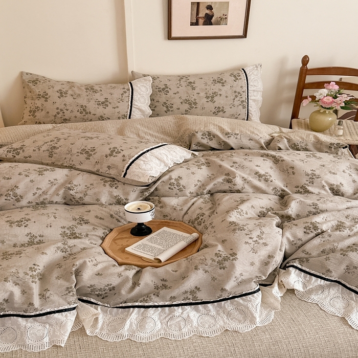 91家纺网 家纺一手货源 找家纺 芯贝儿 2025秋冬新款加厚全m花边m麻复古风亚麻皱皱双层纱水洗m四件套 秋风瑟瑟