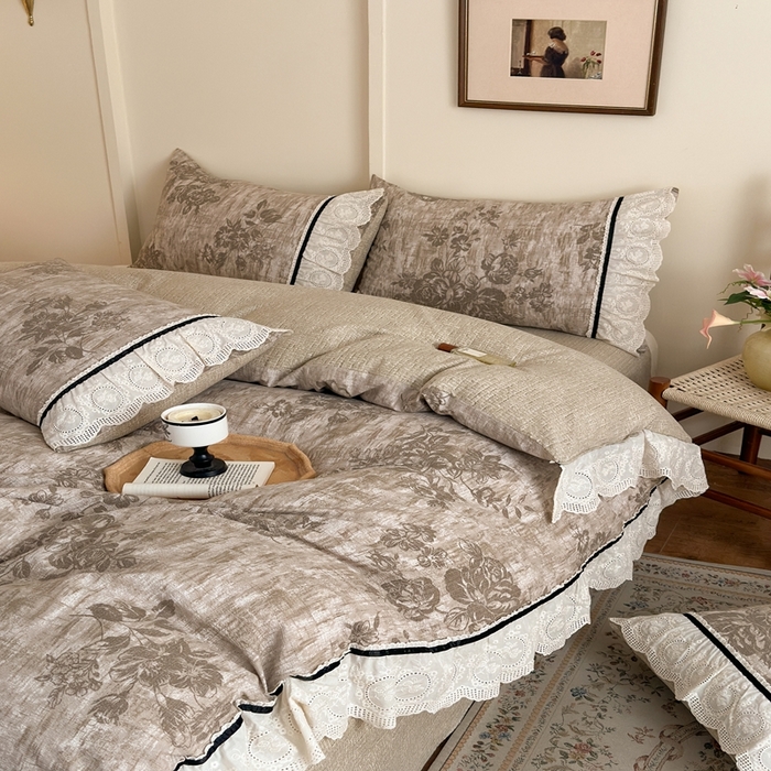 91家纺网 家纺一手货源 找家纺 芯贝儿 2025秋冬新款加厚全m花边m麻复古风亚麻皱皱双层纱水洗m四件套 秋叶流金