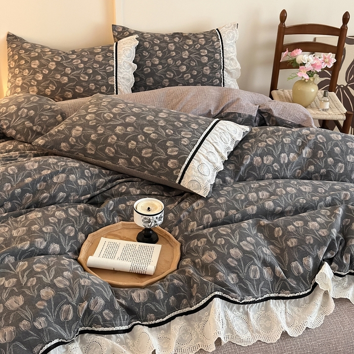 91家纺网 家纺一手货源 找家纺 芯贝儿 2025秋冬新款加厚全m花边m麻复古风亚麻皱皱双层纱水洗m四件套 浮生序梦