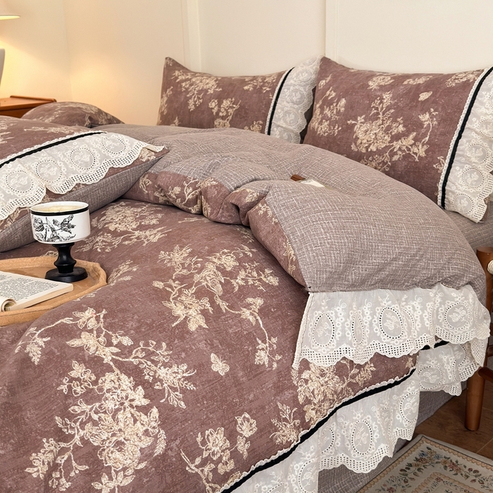 91家纺网 家纺一手货源 找家纺 芯贝儿 2025秋冬新款加厚全m花边m麻复古风亚麻皱皱双层纱水洗m四件套 月华绣影