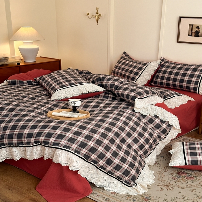 91家纺网 家纺一手货源 找家纺 芯贝儿 2025秋冬新款加厚全m花边m麻复古风亚麻皱皱双层纱水洗m四件套 布里奥