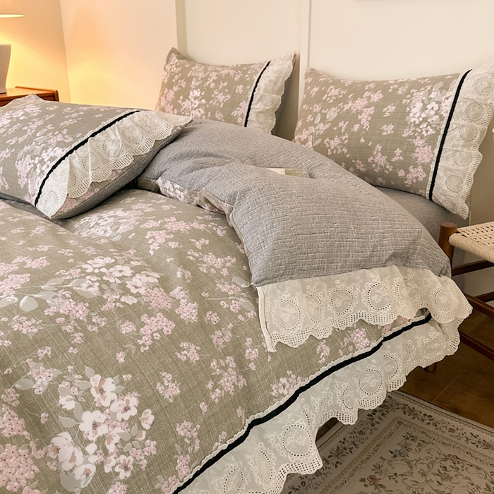 91家纺网 家纺一手货源 找家纺 芯贝儿 2025秋冬新款加厚全m花边m麻复古风亚麻皱皱双层纱水洗m四件套 云卷抒