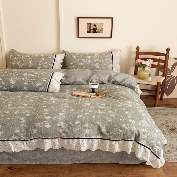 91家纺网 家纺一手货源 找家纺 芯贝儿 2025秋冬新款加厚全m花边m麻复古风亚麻皱皱双层纱水洗m四件套 幽兰拂晓