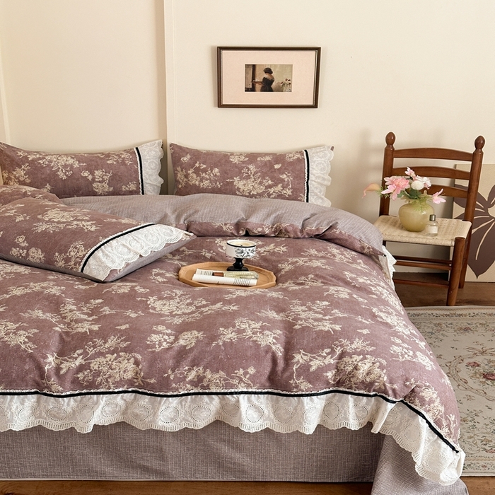 91家纺网 家纺一手货源 找家纺 芯贝儿 2025秋冬新款加厚全m花边m麻复古风亚麻皱皱双层纱水洗m四件套 月华绣影