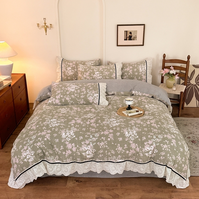 91家纺网 家纺一手货源 找家纺 芯贝儿 2025秋冬新款加厚全m花边m麻复古风亚麻皱皱双层纱水洗m四件套 云卷抒