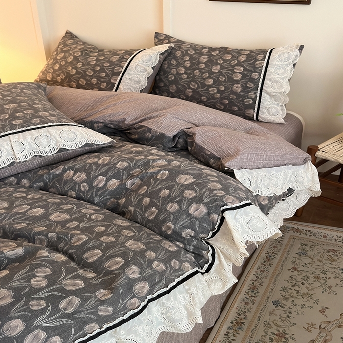 91家纺网 家纺一手货源 找家纺 芯贝儿 2025秋冬新款加厚全m花边m麻复古风亚麻皱皱双层纱水洗m四件套 浮生序梦