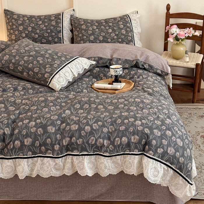 91家纺网 家纺一手货源 找家纺 芯贝儿 2025秋冬新款加厚全m花边m麻复古风亚麻皱皱双层纱水洗m四件套 浮生序梦