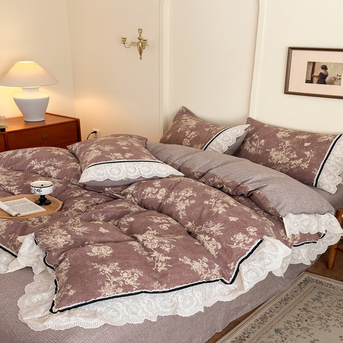 91家纺网 家纺一手货源 找家纺 芯贝儿 2025秋冬新款加厚全m花边m麻复古风亚麻皱皱双层纱水洗m四件套 月华绣影